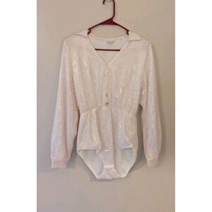 POL Boutique Long Sleeve White Iridescent Sequins Sparkle Collared Bodysuit Sz S
